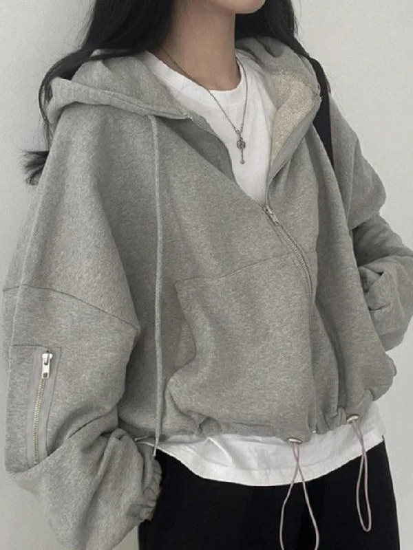 Oversized Zip Up Gray Hoodie Hoodie with Embroidery Detailed Premium