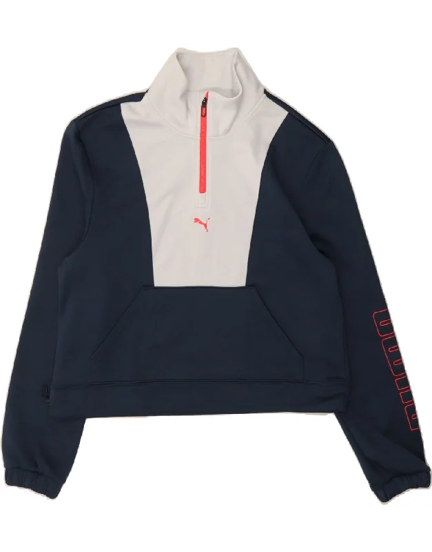 PUMA Womens Oversized Graphic Sweatshirt Jumper UK 10 Small Navy Blue Hoodie with Slit Hem Functional Movement PUMA Womens Oversized Graphic Sweatshirt Jumper UK 10 Small Navy Blue Hoodie with Slit Hem Functional Movement