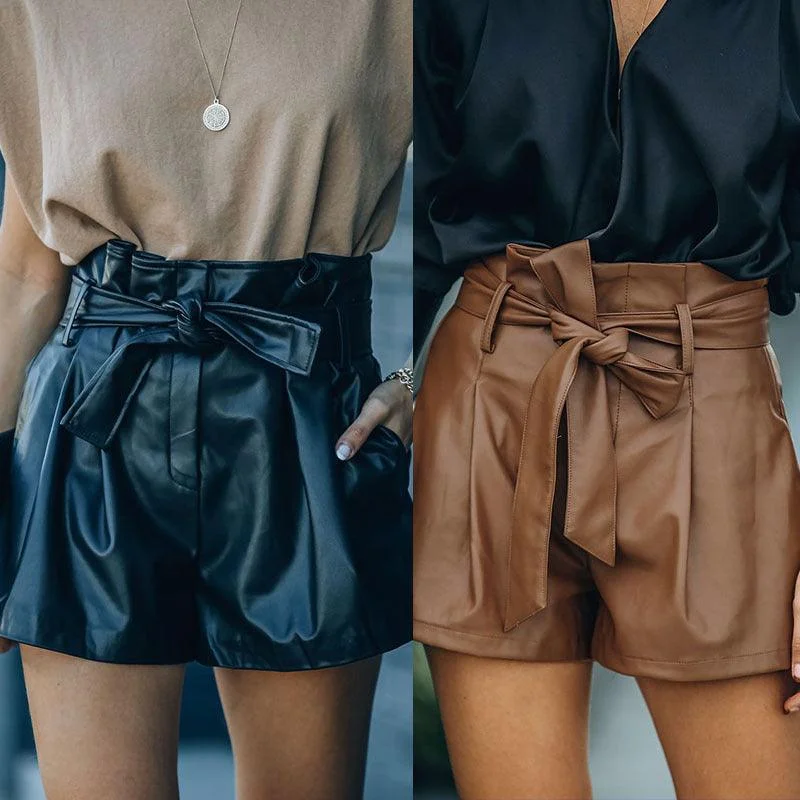 Women's Casual PU LeatherShorts Pants Formal Wide-Leg Pants