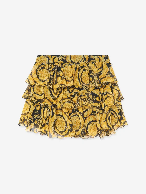 Versace Girls Silk Barocco Ruffle Skirt in Gold floral skirt print