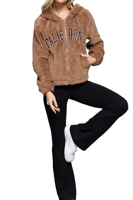 Women's California Embroidery Hooded Faux Fur Jacket - Cozy and Stylish Welt Pockets Slit Pockets Flap Pockets Women's California Embroidery Hooded Faux Fur Jacket - Cozy and Stylish Welt Pockets Slit Pockets Flap Pockets