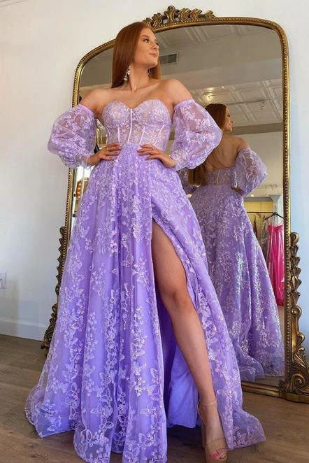 Sweetheart Lilac Long Evening Party Dress Embroidered Butterfly Detachable Sleeves Lavender Prom Dresses DM1977 Tunics New arrival
