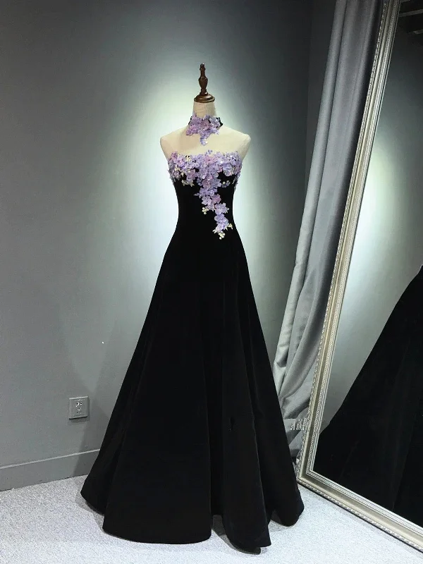 A-line Black Velvet Long Party Dress with Lace Applique, Black Velvet Prom Dress Tunics Business professional A-line Black Velvet Long Party Dress with Lace Applique, Black Velvet Prom Dress Tunics Business professional