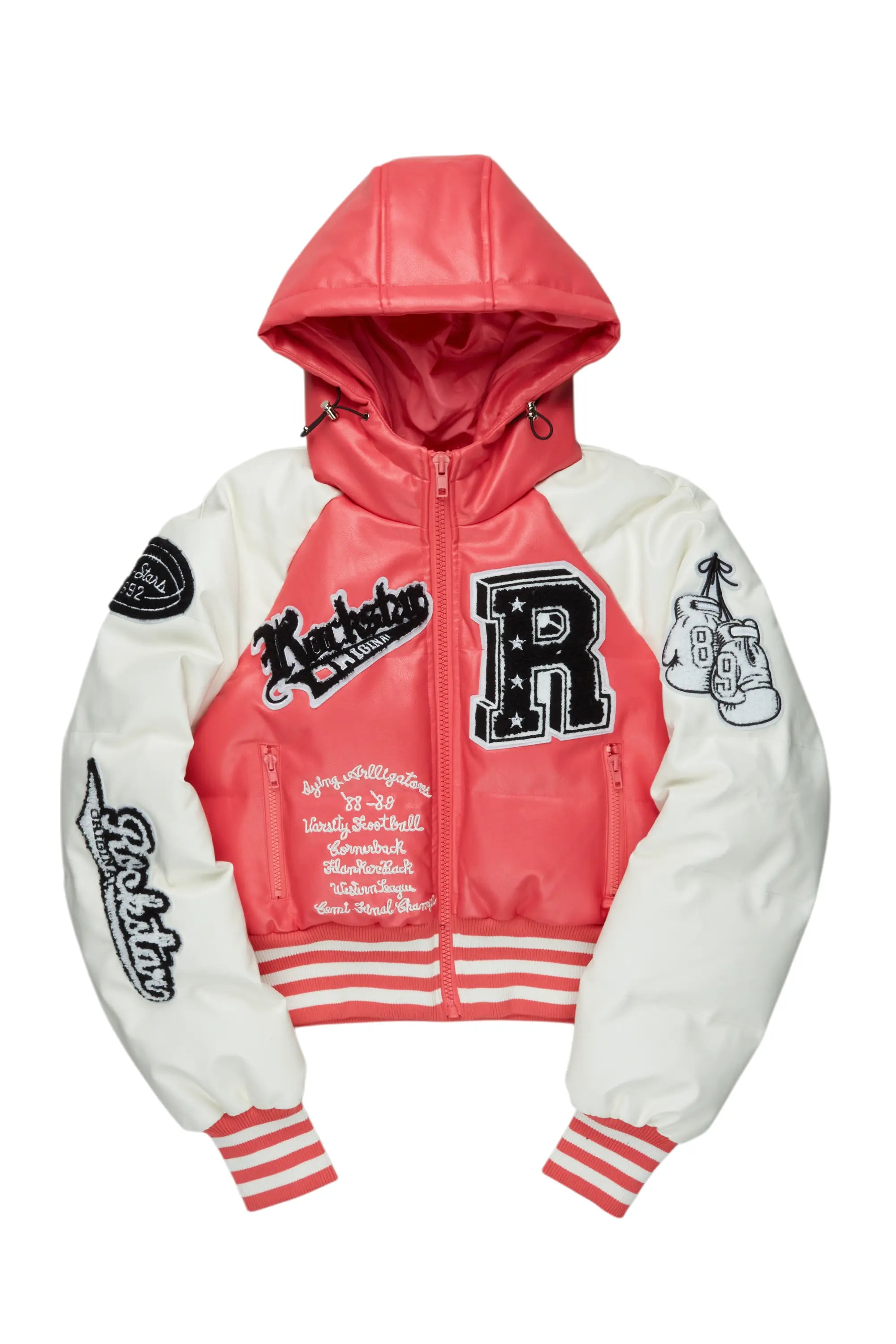 Xamaria Pink Crop Puffer Jacket Boat Neck Shawl Collar Notched Collar