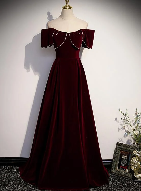 Wine Red Velvet Off the Shoulder Beaded Long Party Dress Prom Dress, Dark Red Bridesmaid Dresses A-Line Day Work Wine Red Velvet Off the Shoulder Beaded Long Party Dress Prom Dress, Dark Red Bridesmaid Dresses A-Line Day Work