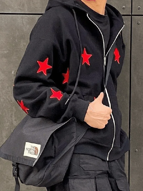 Men's Patch Star Zip Up Hoodie Oversized Hoodie Comfort Casual