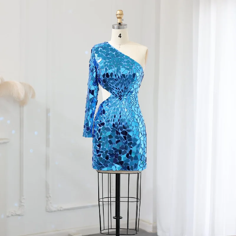 Sharon Said Turquoise Blue Short Mini Cocktail Party Dresses for Women Birthday Wedding Luxury Sequin Evening Club Gowns SS015 Tunics Corduroy durable