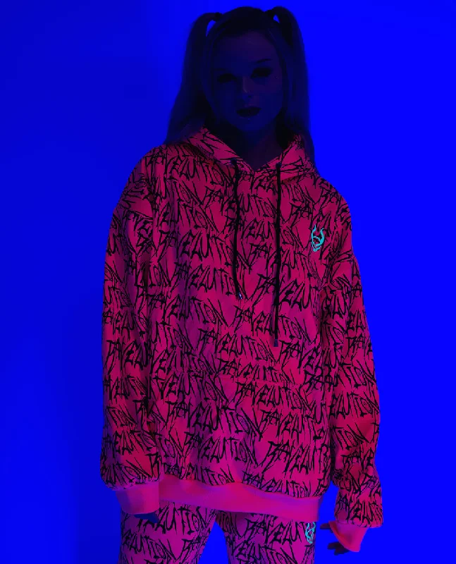 RAVELUTION OVERSIZE HOODIE UV REATIVE FLUO PINK Hoodie with Patch Decorative Personalized RAVELUTION OVERSIZE HOODIE UV REATIVE FLUO PINK Hoodie with Patch Decorative Personalized