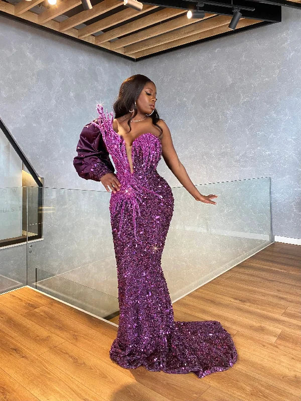 One Shoulder Embellished Violet Evening Dress Maxi Flowy Bohemian
