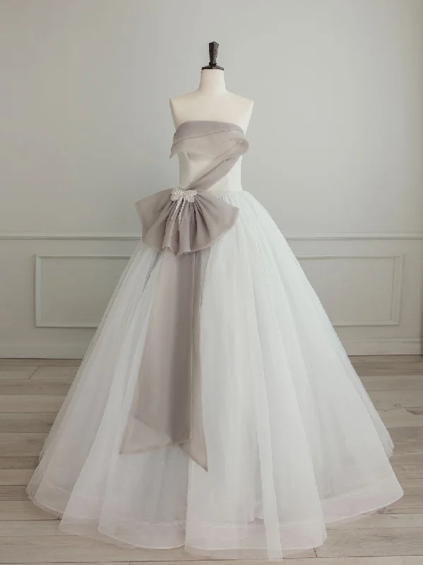 A-Line Tulle White Long Prom Dress, White Formal Party Dress Crew Neckline Sporty