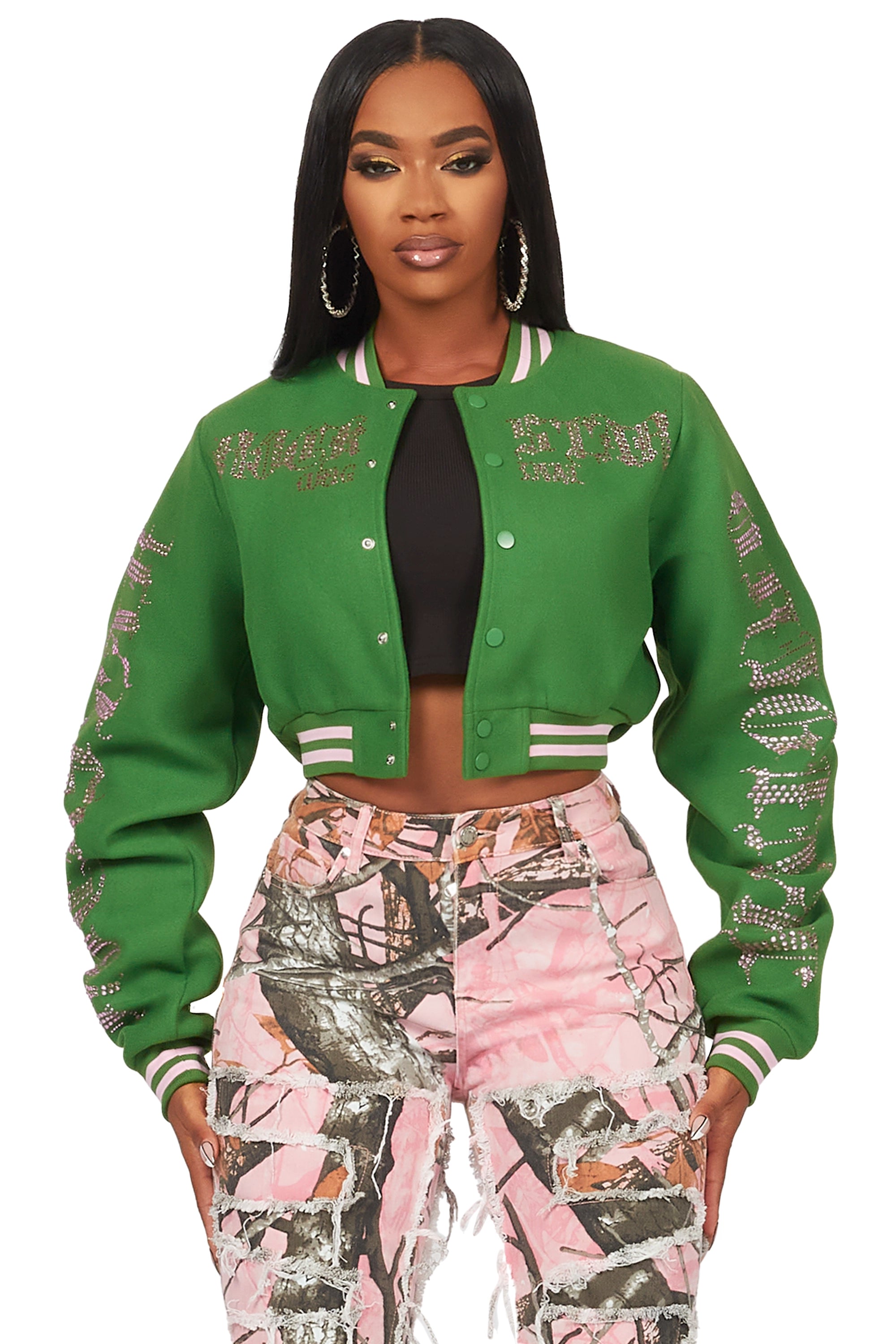 Gianni Green Crop Rhinestone Varsity Jacket Oversized Jacket Tailored Jacket Straight Jacket Gianni Green Crop Rhinestone Varsity Jacket Oversized Jacket Tailored Jacket Straight Jacket