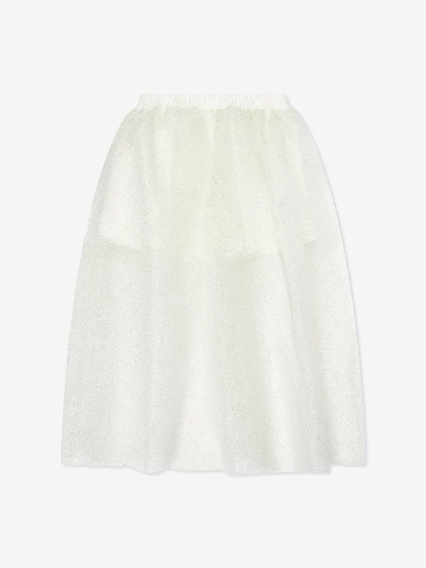 Mama Luma Girls Long Tulle Skirt in White ruffled skirt detail