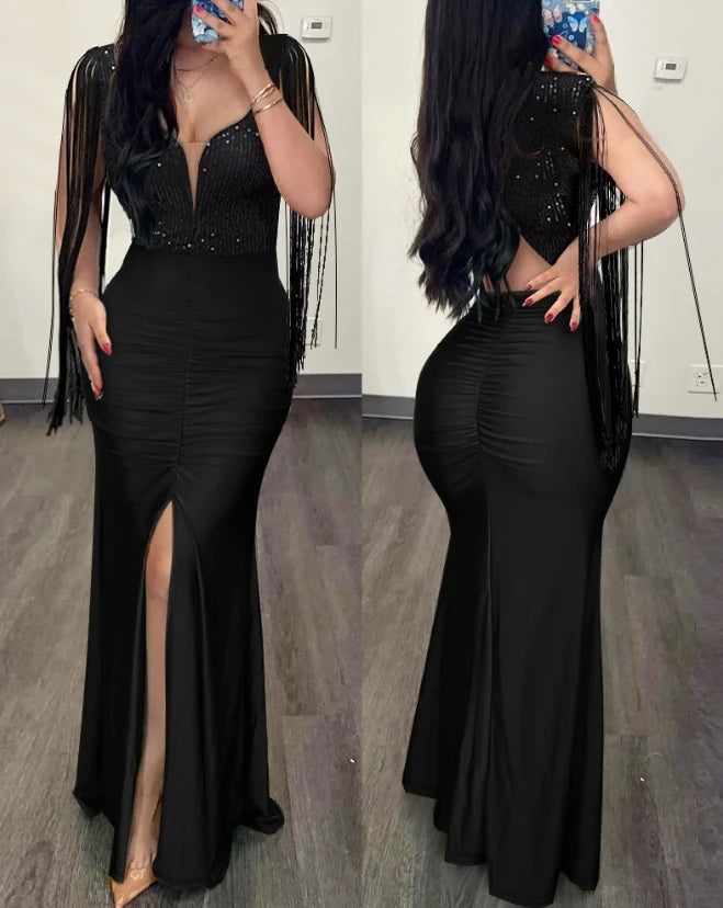 Elegant Evening Party Dresses for Women Sexy Contrast Sequin Ruched Slit Evening Dress Tunics Floral girly Elegant Evening Party Dresses for Women Sexy Contrast Sequin Ruched Slit Evening Dress Tunics Floral girly