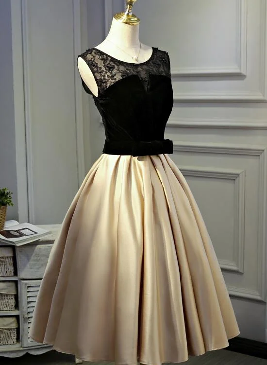 Black Lace and Velvet with Champagne Satin Vintage Style Party Dress, Lovely Formal Dress, Prom Dress 2018 Halter Neckline Beach Black Lace and Velvet with Champagne Satin Vintage Style Party Dress, Lovely Formal Dress, Prom Dress 2018 Halter Neckline Beach