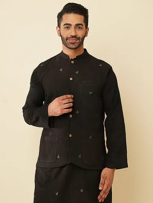 Khadi Kantha Jacket - Black Zippered Jacket Buttoned Jacket Snapped Jacket