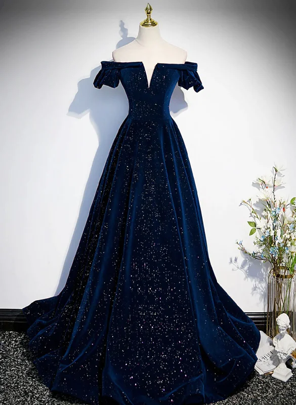 A-line Navy Blue Velvet Long Party Dress Prom Dress, Off Shoulder Navy Blue Formal Dress Tunics Leisure comfortable A-line Navy Blue Velvet Long Party Dress Prom Dress, Off Shoulder Navy Blue Formal Dress Tunics Leisure comfortable