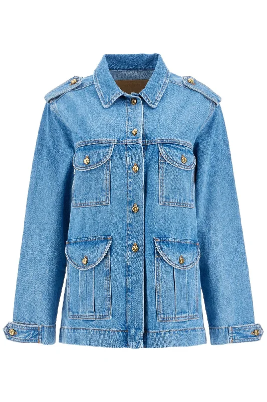 Light Blue Cotton Military Safari Jacket With Multiple Pockets - Blue One-Shoulder Jacket Off-the-Shoulder Jacket Asymmetrical Jacket Light Blue Cotton Military Safari Jacket With Multiple Pockets - Blue One-Shoulder Jacket Off-the-Shoulder Jacket Asymmetrical Jacket