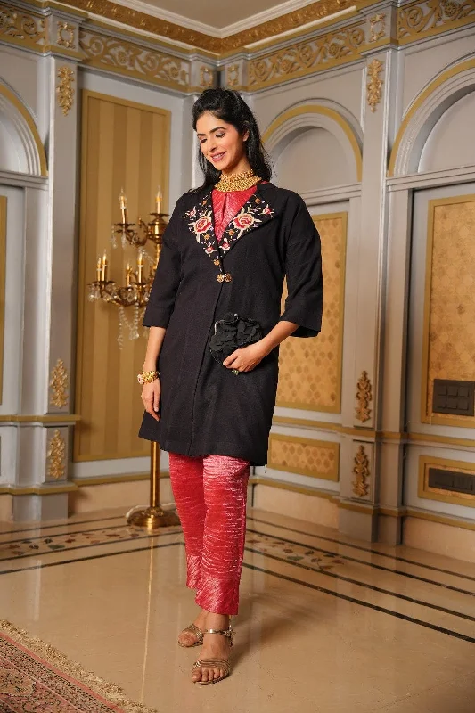 Wollen Coat Parsi Embroidered Jacket - Black Zip Front Button Front Snap Front