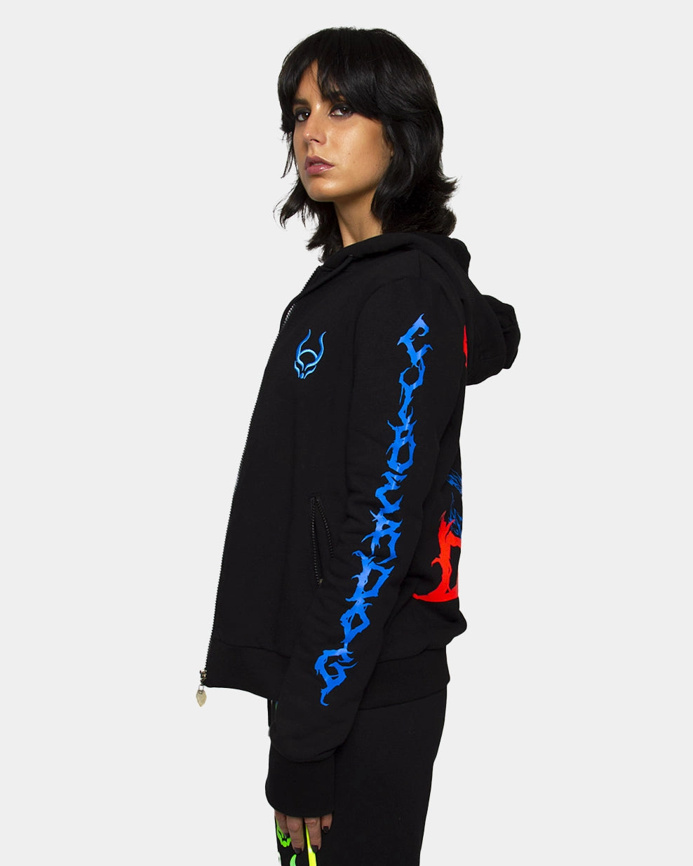 UNDERWORLD ZIP UP HOODIE WOMENS BLACK Hoodie with Typography Text Message