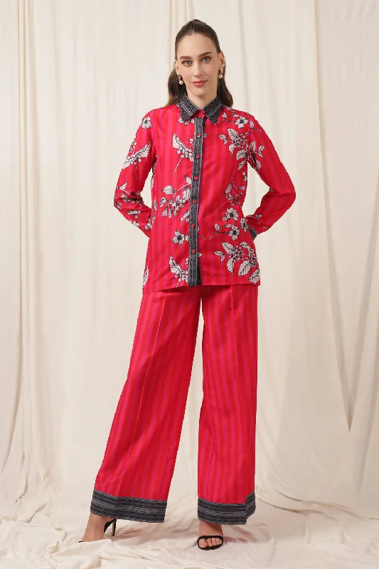 MAGNIFICIENT PINK OPEN BACK CO-ORD SET PRINTED STRIP PANTS Elegant Dress Pants