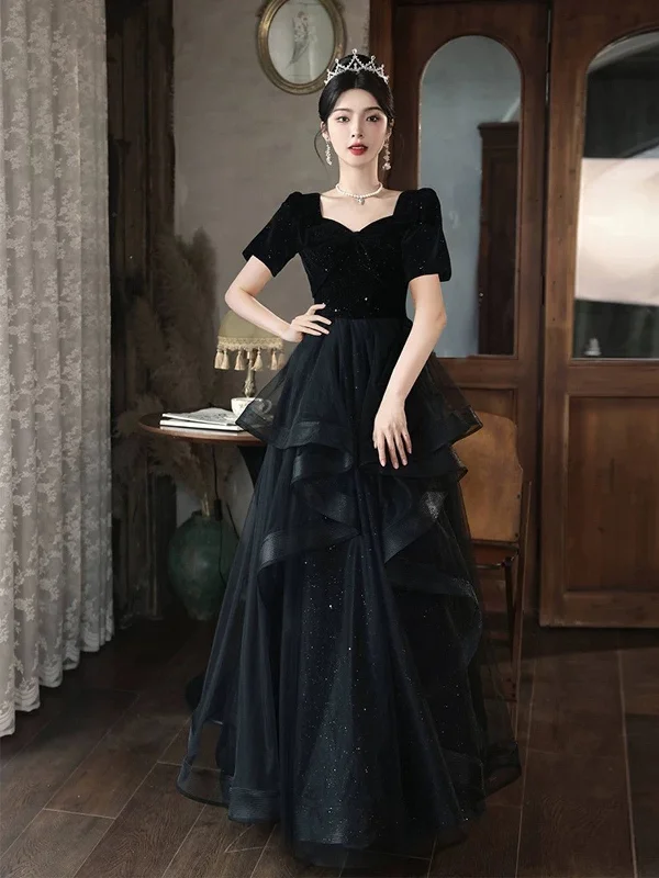 A-line Black Layers Short Sleeves Prom Dress, Black Velvet and Tulle Party Dress Tunics New arrival A-line Black Layers Short Sleeves Prom Dress, Black Velvet and Tulle Party Dress Tunics New arrival