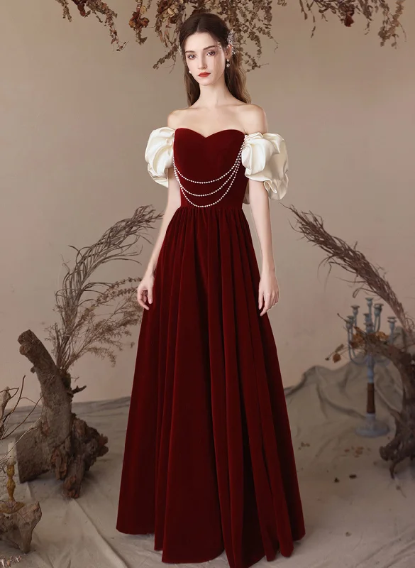 A-line Velvet Wine Red Sweetheart Off Shoulder Prom Dress, Wine Red Party Dress Tunics Stylish modern A-line Velvet Wine Red Sweetheart Off Shoulder Prom Dress, Wine Red Party Dress Tunics Stylish modern