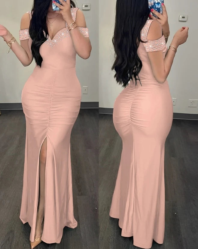 High Waist Evening Dresses Fashion Women's Clothes Rhinestone Cold Shoulder Slit Ruched Elegant Party Dress Tunics Polka dots High Waist Evening Dresses Fashion Women's Clothes Rhinestone Cold Shoulder Slit Ruched Elegant Party Dress Tunics Polka dots