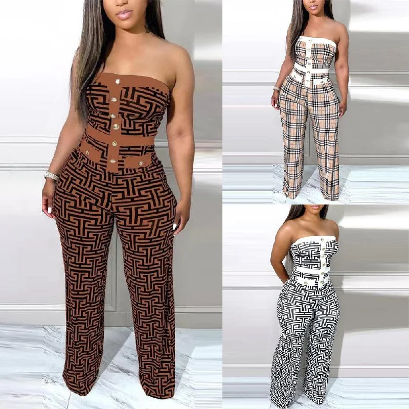 K8019 Cross-border European and American Women's Wear 2023 New Sexy Print Color Block Bandeau One-Piece Wide Leg Pants In stock Comfortable Denim Pants