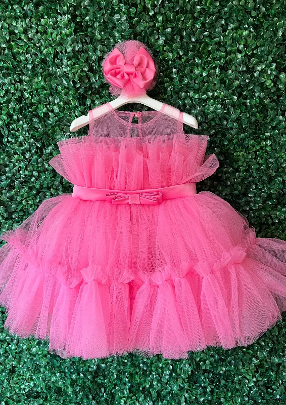 Tha Designs Pink Tulle Girls' Party Dress Tunics Solid Classic