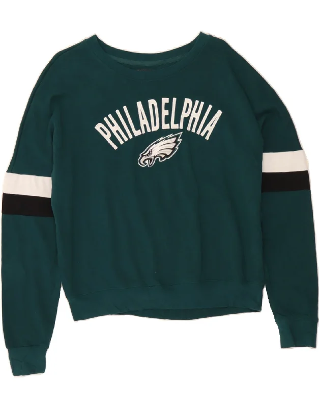 NFL Womens Philadelphia Graphic Sweatshirt Jumper UK 10 Small Green Cotton Hoodie with Elastic Cuffs Stretchable Comfortable NFL Womens Philadelphia Graphic Sweatshirt Jumper UK 10 Small Green Cotton Hoodie with Elastic Cuffs Stretchable Comfortable