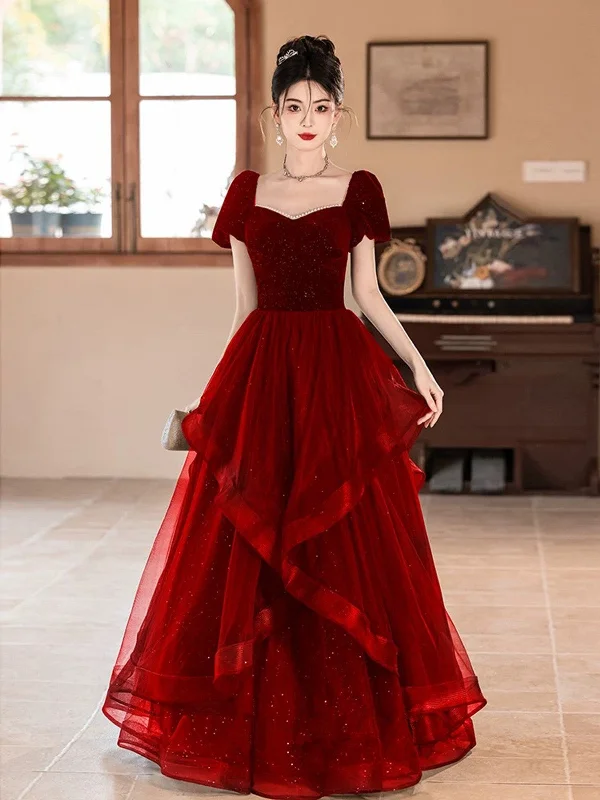 Wine Red Short Sleeves Velvet and Tulle Prom Dress, Wine Red A-line Party Dress Tunics Winter warm Wine Red Short Sleeves Velvet and Tulle Prom Dress, Wine Red A-line Party Dress Tunics Winter warm