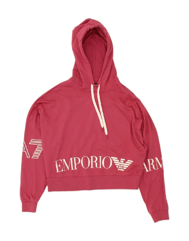 EMPORIO ARMANI Womens Crop Graphic Hoodie Jumper UK 12 Medium Pink Hoodie with Pattern Geometric Abstract EMPORIO ARMANI Womens Crop Graphic Hoodie Jumper UK 12 Medium Pink Hoodie with Pattern Geometric Abstract
