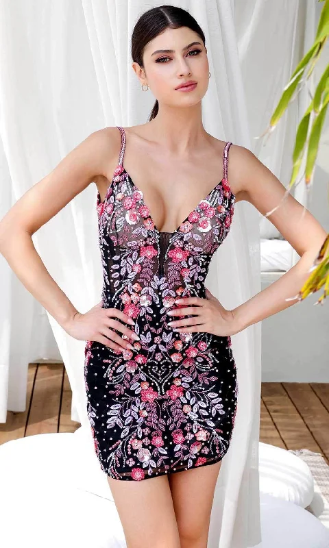Primavera Couture 4212 - Spaghetti Strap Floral Cocktail Dress Off-the-shoulder Chic Trendy