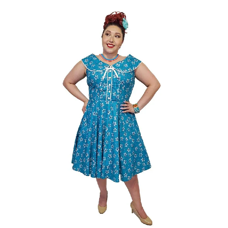 Peter Pan Collar Swing Dress in Turquoise Floral Tunics Gym athletic