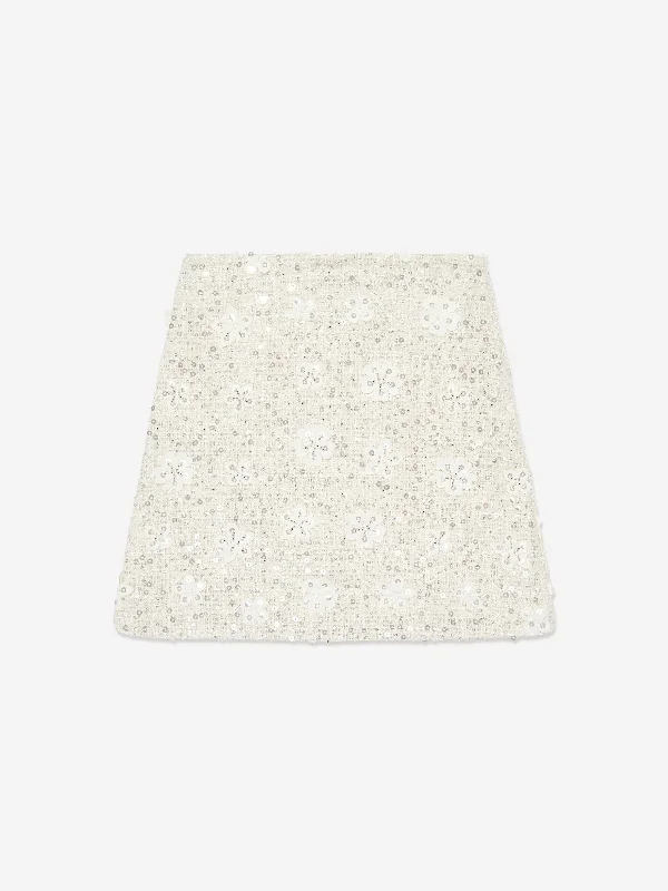 Mama Luma Girls Sequin Embroidered Skirt in White leather skirt refined