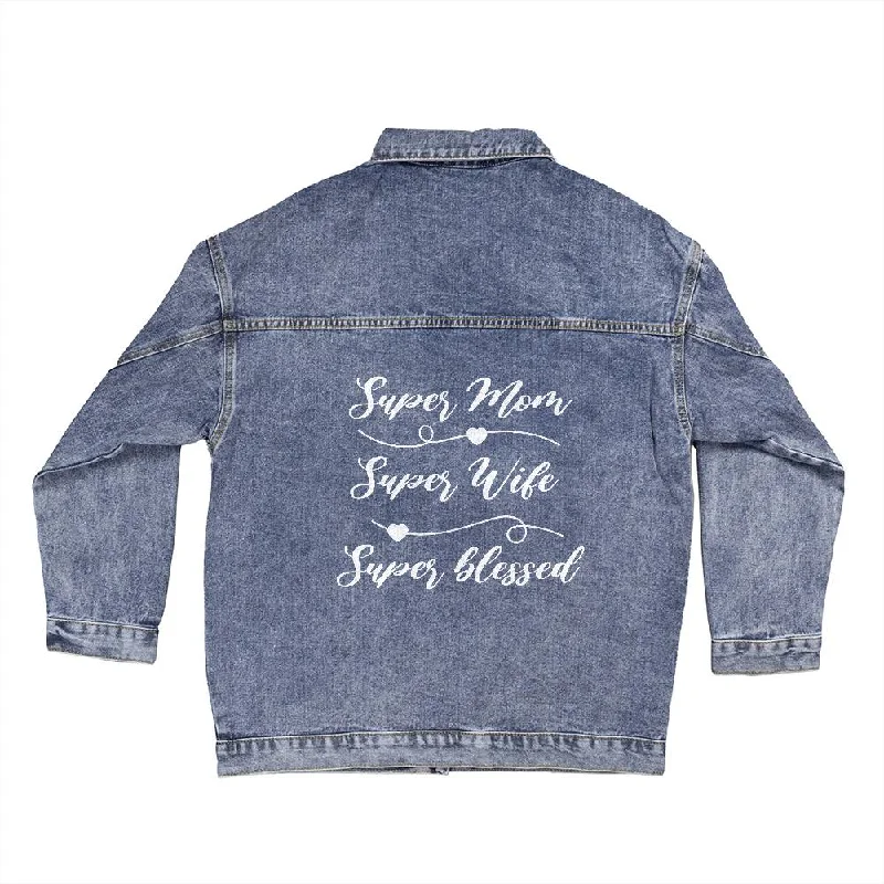 Personalized Super Mom Wife Blessed Oversized Women's DTG Denim Jacket, Knit Jacket Woven Jacket Fleece Jacket Personalized Super Mom Wife Blessed Oversized Women's DTG Denim Jacket, Knit Jacket Woven Jacket Fleece Jacket