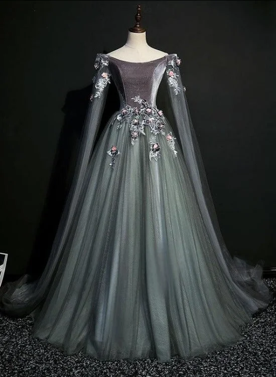 Gorgeous Velvet and Tulle Sweet 16 Gown with Flowers, Long Formal Dress Party Dresses Pencil Length Work Gorgeous Velvet and Tulle Sweet 16 Gown with Flowers, Long Formal Dress Party Dresses Pencil Length Work