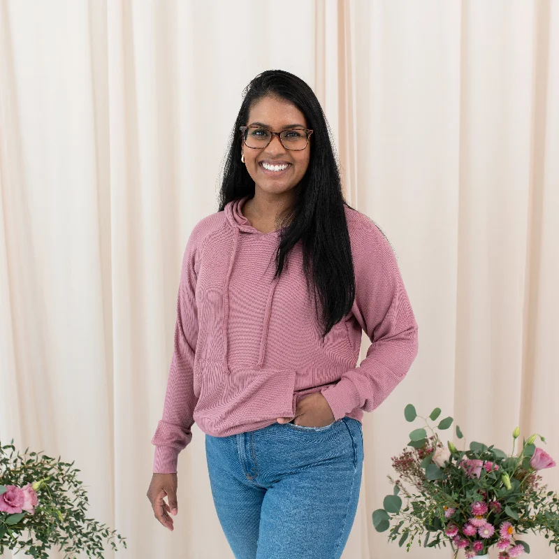 Women's Ribbed Hoodie in Dusty Rose Hoodie with Drawcord Adjustable Secure