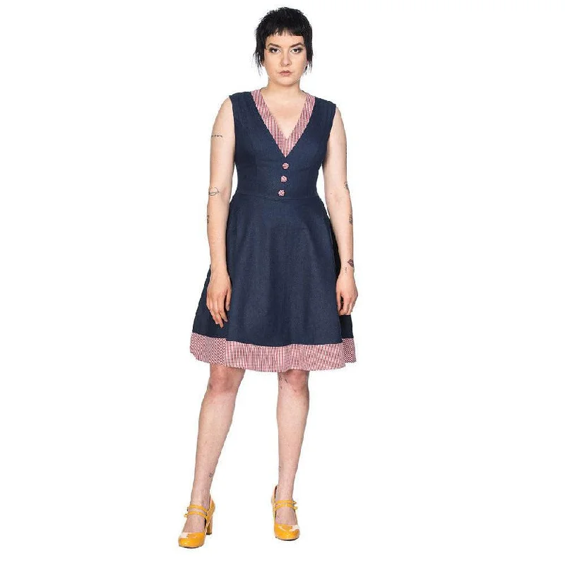 Banned Diner Days Dress in Navy & Gingham Crew Neckline Casual