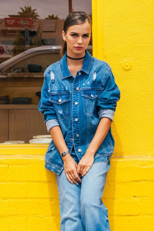 Destructed Oversized Denim Jacket Print Jacket Jacquard Jacket Embroidered Jacket