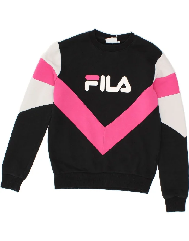 FILA Womens Oversized Graphic Sweatshirt Jumper UK 2 2XS Black Colourblock Hoodie with Mesh Breathable Sporty FILA Womens Oversized Graphic Sweatshirt Jumper UK 2 2XS Black Colourblock Hoodie with Mesh Breathable Sporty