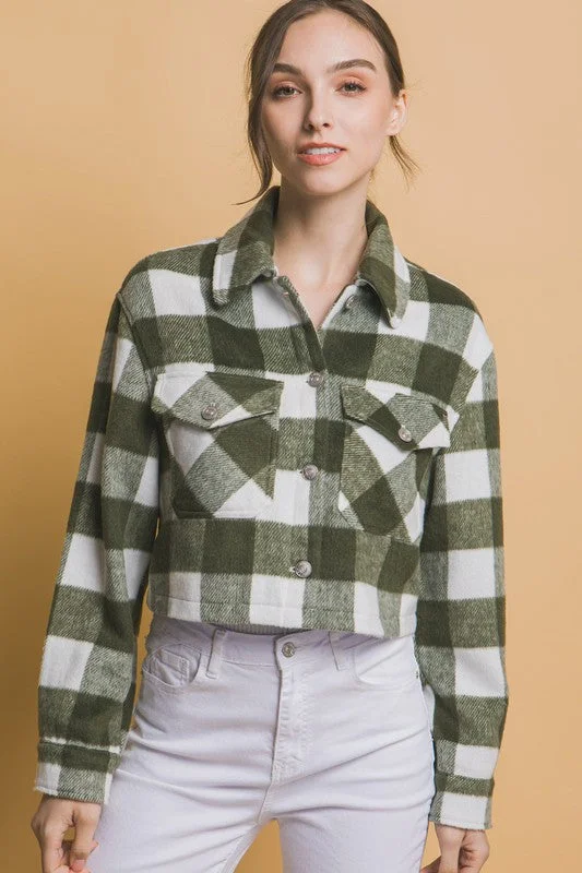 Plaid Button Up Crop Jacket Knit Jacket Woven Jacket Fleece Jacket