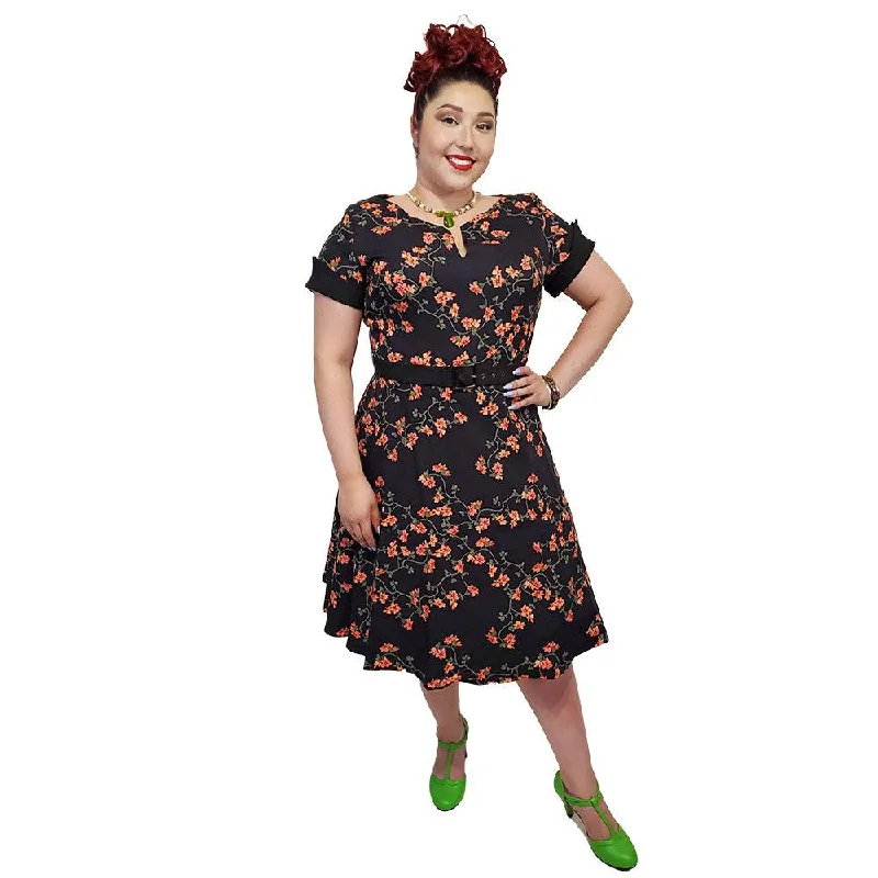 40's Split Neck Floral Swing Dress in Black Tunics Trousers formal