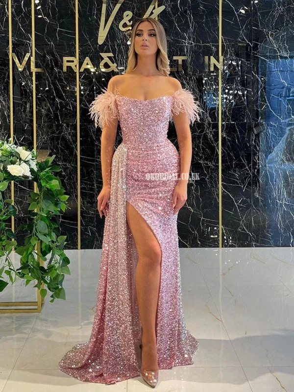 Off Shoulder Mermaid Pink Sequin High Slit Prom Dresses, FC6237 Tunic Top Casual