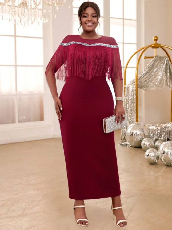 AOMEIDRESS Burgundy Party Dresses O Neck Tulle Patchwork Fringe Square Neckline Feminine AOMEIDRESS Burgundy Party Dresses O Neck Tulle Patchwork Fringe Square Neckline Feminine