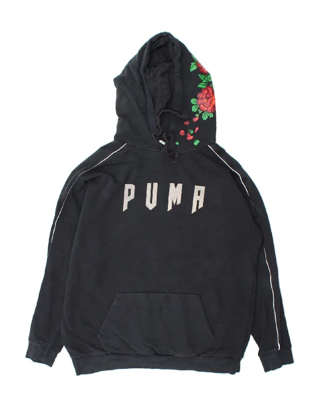 PUMA Womens Oversized Graphic Hoodie Jumper UK 10 Small Black Floral Hoodie with Monochrome Minimalist Simple PUMA Womens Oversized Graphic Hoodie Jumper UK 10 Small Black Floral Hoodie with Monochrome Minimalist Simple