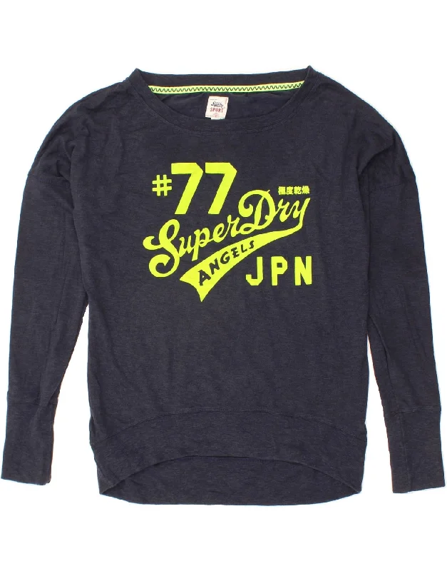 SUPERDRY Womens Graphic Sweatshirt Jumper UK 14 Medium Navy Blue Cotton Hoodie with Hem Raw Edge Edgy Unfinished SUPERDRY Womens Graphic Sweatshirt Jumper UK 14 Medium Navy Blue Cotton Hoodie with Hem Raw Edge Edgy Unfinished
