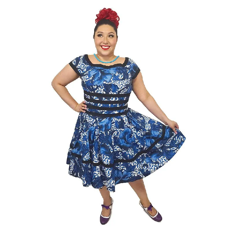 Kara Floral Swing Dress in Dark Blue Halter Neckline Beach