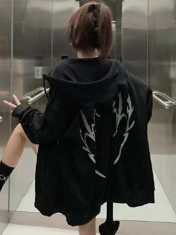 Demon Horn Fleece Lined Zip Up Hoodie Hooded Sweatshirt Casual Wear Street Style