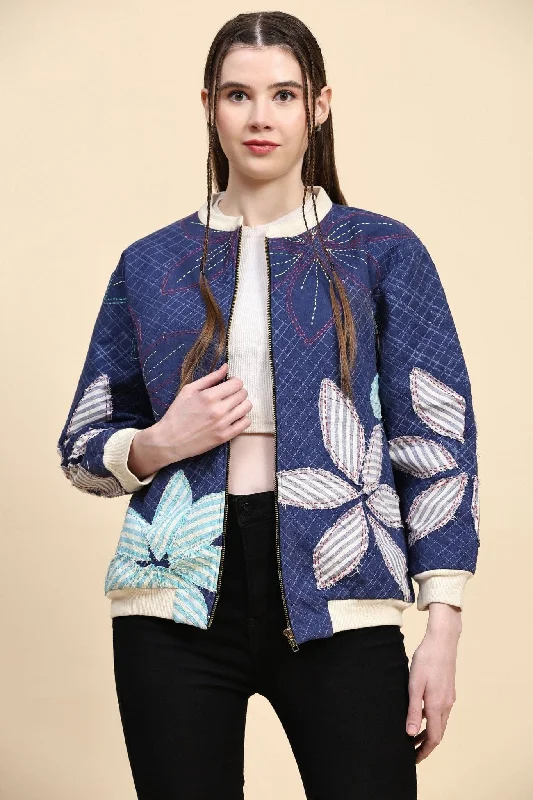 Cotton Khadi Kantha Work Jacket - Blue Tailored Jacket Straight Jacket A-Line Jacket Cotton Khadi Kantha Work Jacket - Blue Tailored Jacket Straight Jacket A-Line Jacket